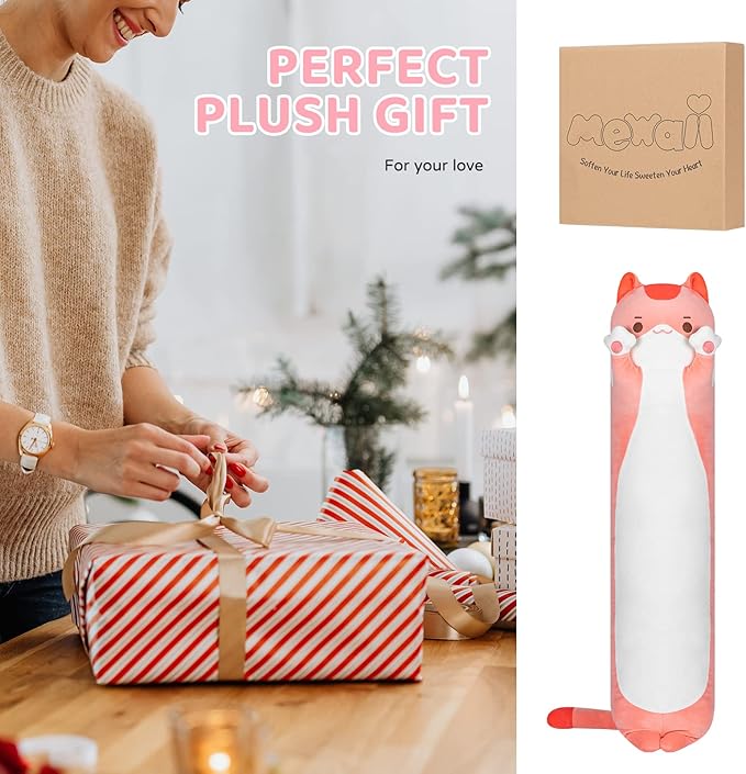 Long Cat Plush Kids Body Pillow, 28 Inch Cute Pink Cat Stuffed Animals Soft Plushies, Kitten Kawaii Plush Throw Pillow Doll Toy Gift for Girlfriend