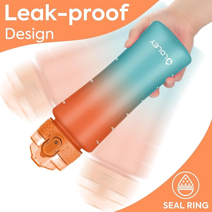 OLDLEY Kids Water Bottle with Straw 15 oz Motivational Water Bottles with Time Marker for School Travel, Spill Proof Sports Water Bottle for Girls Boys,1 Straw Lid,Orange/Green