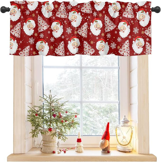 Red Christmas Valance Curtains for Kitchen Windows Santa Claus Merry Christmas Tree Rod Pocket Window Treatment Toppers for Kitchen/Living Room/Bedroom/Bathroom, 42" X 18", Winter Snowflake