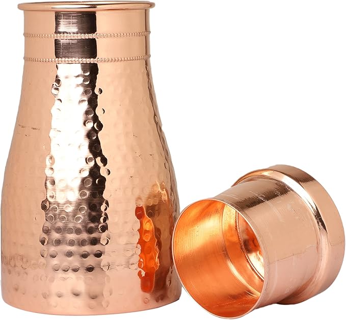 AAYUVEDA® Hammered Pure Copper Bedroom Water Bottle 34oz, with In-Built Tumbler (Loose Lid, Pack of 1)