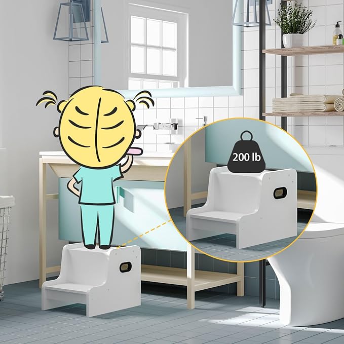 HOOBRO Step Stool for Kids, Two Step Toddler's Stool, Kids Potty Training Stool with Handles, Non-Slip Pads for Safety, Easy to Move, for Sink, Bathroom, Bedroom, White WT01JD01G1