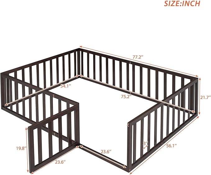 Full Size Floor Bedframe with Door and Safety Guardrails Fence, Solid Wooden Toddler Montessori Platform Bed for Children Bedroom, Boys Girls, Kids Playroom