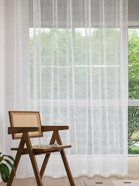 Windows Embroider-Heptagon Sheer White Curtains 63 Inches Length 2 Panels Voile Light Filtering Sheer Curtains Panel Basic Rod Pocket Sheer for Bedroom Living Room Children Room
