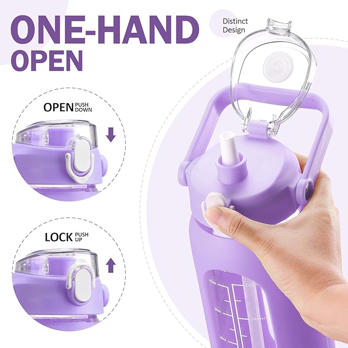 kytffu 56oz Glass Water Bottles with Straw, Motivational Glass Bottle with Silicone Sleeve and Time Marker, Leakproof Large Glass Water Jug for Gym Home Office,Purple