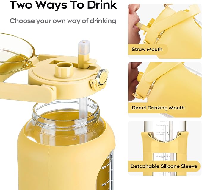 74 oz Glass Water Bolttles with Straw Large Motivational Water Bottle with Time Marker Sports Water Bottles with Silicone Sleeve and Handle Lid 2.2L Water Jug for Gym Workout