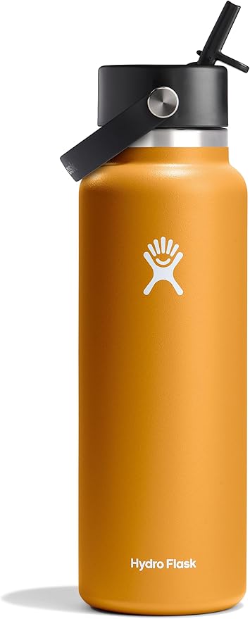 HYDRO FLASK Wide Mouth vacuum insulated stainless steel water bottle with leakproof closeable straw lid for cold water drinks, sports, travel, car and school