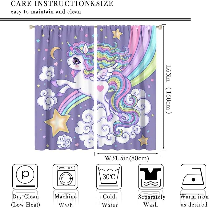 Kids Unicorn Curtains Purple Cartoon Rainbow Cartoon Room Blackout Curtains Boys Girls Baby Room Decor Curtains Living Room Decor 63x63 Inch 2 Panels