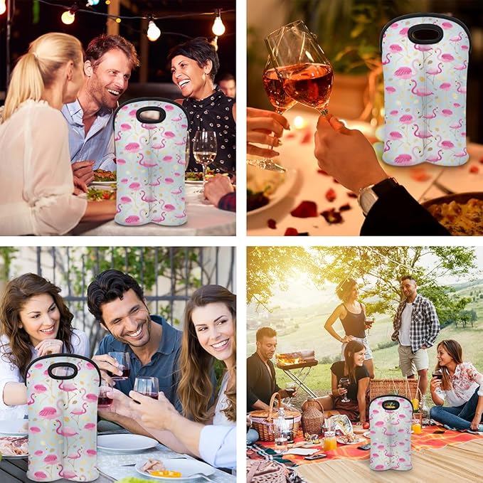 Pink Flamingo 2-Bottle Wine Gift Tote Carrier Gold Leaves Neoprene Wine Tote Bags Holder Cooler Wine Gift for Women Men