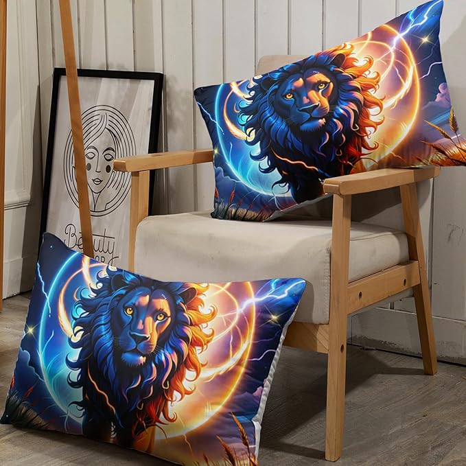 AILONEN Lion Fitted Sheet Set Twin Size, Constellation Lightning Lion Bed Sheet Set for Boys Girls,Blue Sky Starry Animal Lion Breathable Fitted Sheet and 2 Pillowcases,3 Pieces