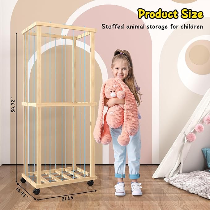 Stuffed Animal Zoo Storage Cage 55" Wood Large Stuffed Animal Storage Basket, Toy Storage for Big Small Stuffed Animals