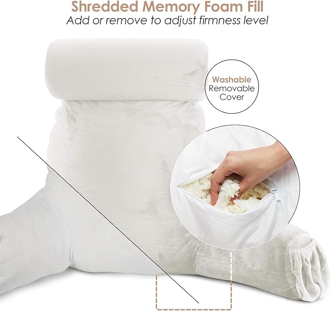 Nestl Reading Pillow Large Bed Pillow, Back Pillow for Sitting in Bed Shredded Memory Foam Chair Pillow, Reading & Bed Rest Pillows White Back Pillow for Bed, Bed Chair Arm Pillow with Pockets