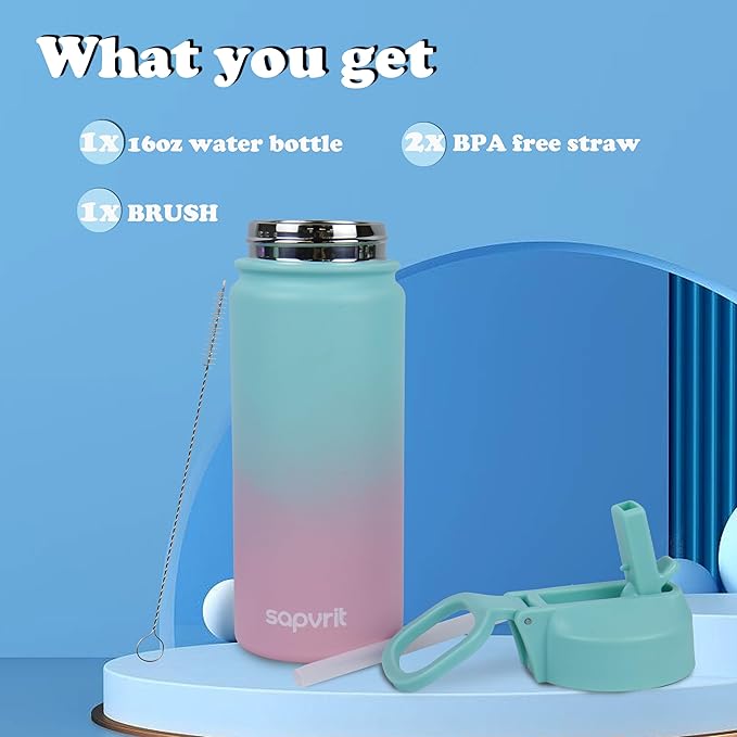 Kids Water Bottle, 16OZ Water Bottles Kids with Straw, Stainless Steel Vacuum Double Wall Insulated cup, Kids Water Bottle for School, Gifts for Boys (GREEN PINK, 16OZ)
