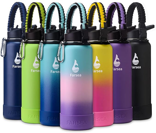 Farsea Insulated Water Bottle With Paracord Handle, Protective Boot and 2 Lids (Straw Lid & Spout Lid), Stainless Steel Water Bottle Wide Mouth, Double Wall Sweat-Proof BPA-Free, 40 oz