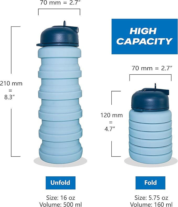 Collapsible Water Bottles, 16 oz 500ml Portable Foldable Water Bottles, Leak Proof Travel Water Bottle Reusable BPA Free Silicone Water Bottles for Travel Gym Camping Hiking (2 Pack Blu)