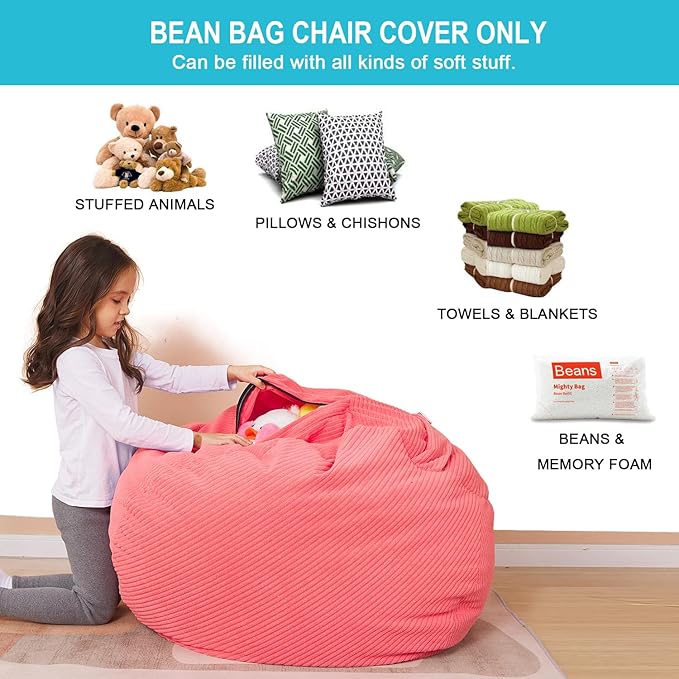 Stuffed Animal Storage Bean Bag Chair Cover for Kids, 38" Beanbag Chairs Cover Plush Toys Organizer Super Soft Corduroy with Handle and Zipper for Boys and Girls - Pink
