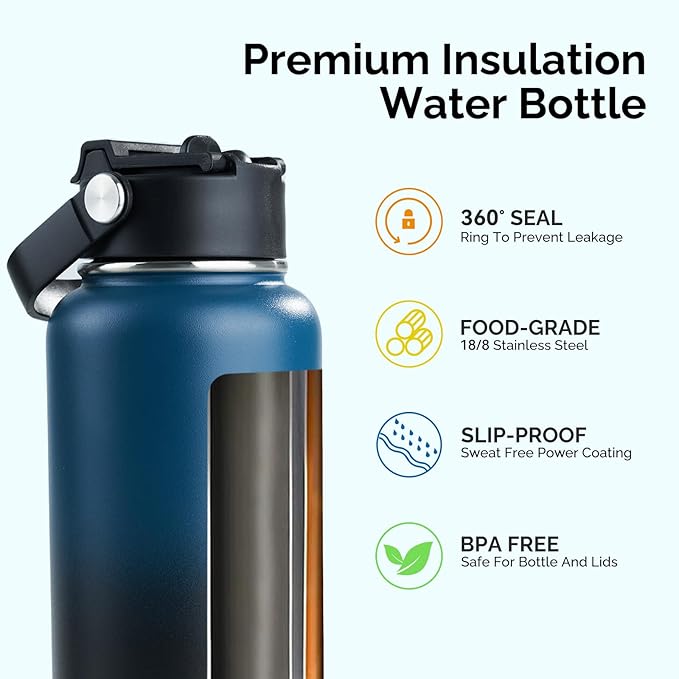 Kerilyn Stainless Steel Insulated Water Bottle, 32oz Double Wall Vacuum Insulated Water Bottle Leak Proof with Silicone Straw, Wide Mouth Lid, BPA Free, Keep Cold and Hot, 32oz, Blue Gradient