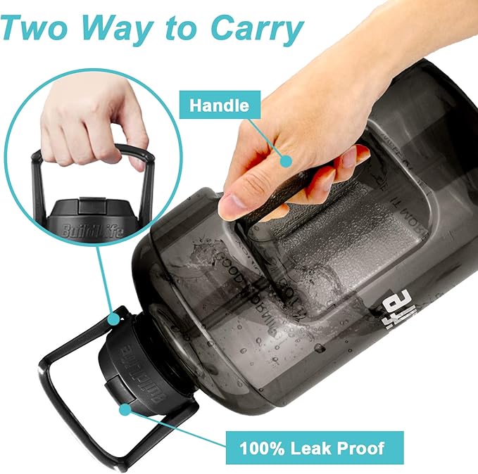 QuiFit 1 Gallon Water Bottle - with Straw & Motivational Time Marker Leak-Proof BPA Free Reusable Gym Sports Outdoor Large(128OZ) Capacity Water Jug(Black,1 Gallon)