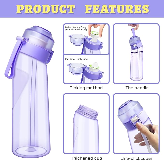 Water Bottle with Flavor Pods 21.9 Oz/650ml Fruit Fragrance Water Bottle Recyclable Sports Air Water Cup Scented Pods for Outdoor (Purple 650ML)