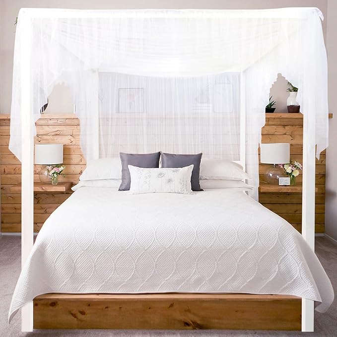 tupi White Canopy Bed Curtains for King/Queen/Full Size, 4 Corner Bed Canopy, Elegant Bed Drapes Bedroom Decor, Ultra Ripstop Polyester, Easy Installation