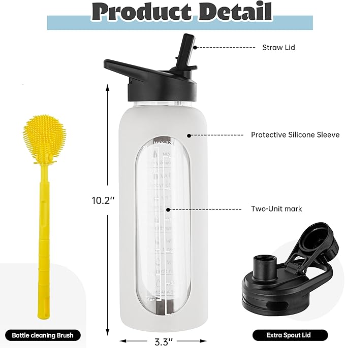SIEROZUR 32 oz Glass Water Bottle with Straw and Handle Large Sports Motivational Water Bottle with Time Marker and 2 Lids, Leakproof Reusable Water Jug with Silicone Sleeve for Gym