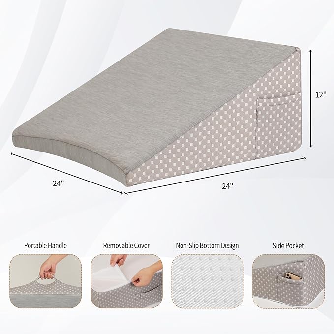 Wedge Pillow for Sleeping, 12 Inch Cooling Triangle Bed Pillow with Removable Cover, Elevated Body Pillow Wedge for Back Support, After Leg Surgery, Snoring, Acid Reflux, Grey