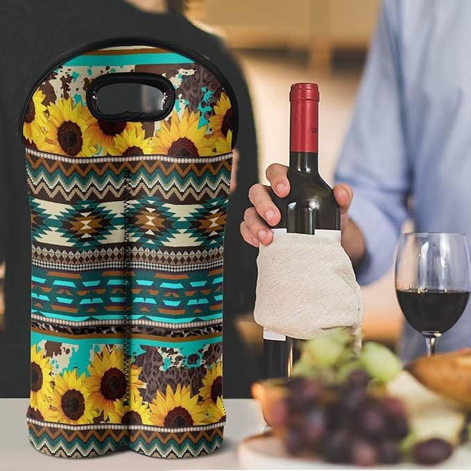 doginthehole Sunflower Insulated Wine Bag 2 Bottles Portable Wine Carrier Tote Aztec Tribal Geometry Print Wine Cooler Bag Champagne Bottle Holder Protective Sleeve