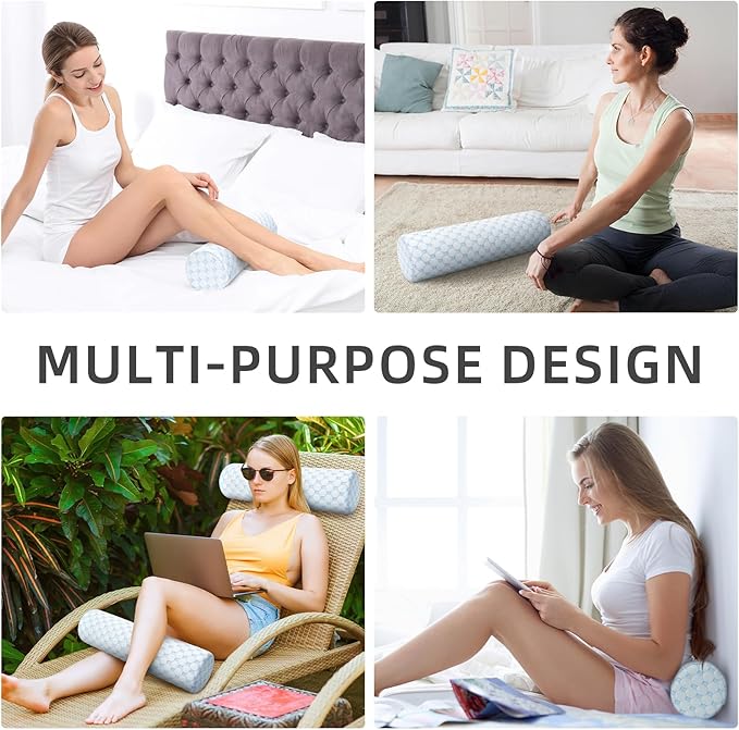 Cervical Neck Pillow with 2 Pillowcases Roll Memory Foam Support Round Pillows for Pain Relief Sleeping, Bed, Legs, Back and Yoga 17 x 4.5 Inches