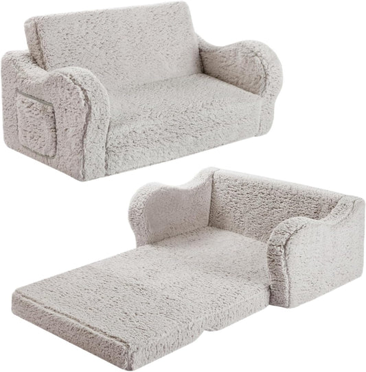 Kids Extra Wide Chairs for Toddler, 2-in-1 Toddler Soft Sherpa Couch Fold Out, Convertible Sofa to Lounger for Girls and Boys, Grey