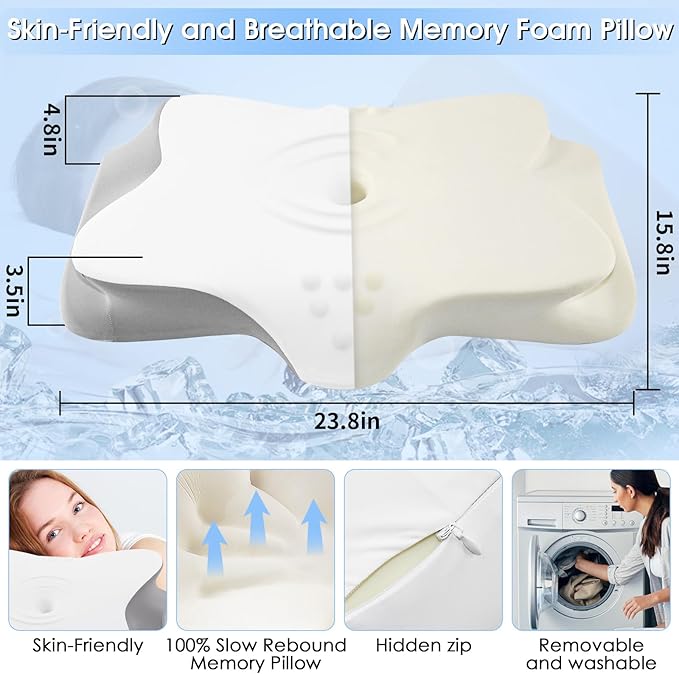 Cervical Neck Pillow for Pain Relief: Ergonomic Orthopedic Contour Pillow - Memory Foam Pillows (Butterfly)