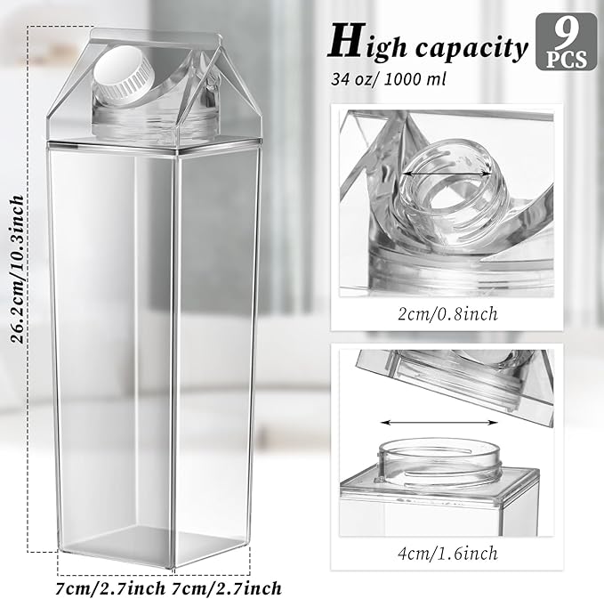 Remerry 9 Pcs 34oz Clear Milk Carton Water Bottle Plastic Clear Milk Carton Cup Square Plastic Cute Milk Carton Container Portable Reusable Milk Bottles Leakproof Juice Bottle for Sports Camping