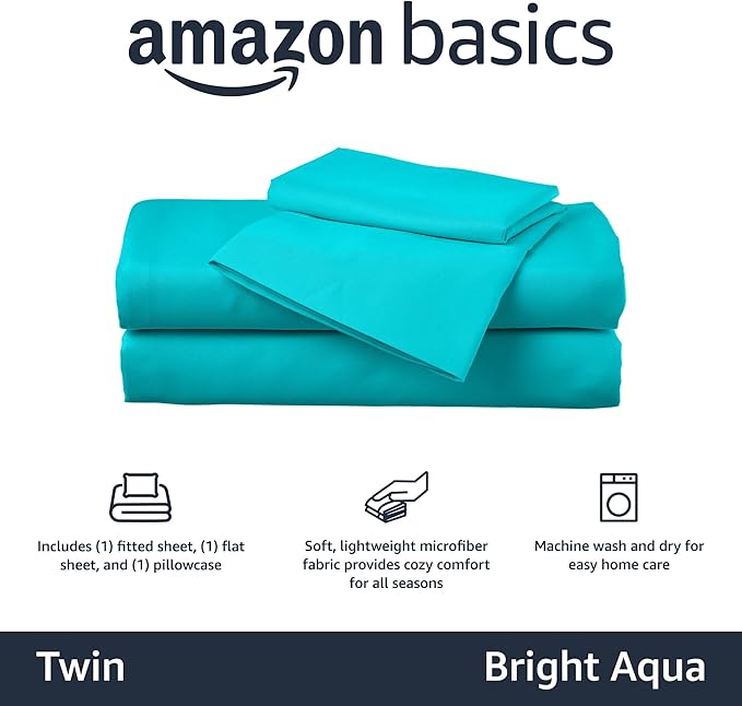 Amazon Basics Kid's Soft Easy-Wash Lightweight Microfiber 3-Piece Sheet Set, Twin, Bright Aqua, Solid