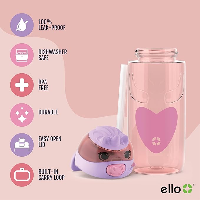 Ello Ellies 16oz Plastic Kids Water Bottle with Straw and Built-in Carrying Handle and Leak-Proof Locking Lid for School backpack, Lunchbox and Outdoor Sports