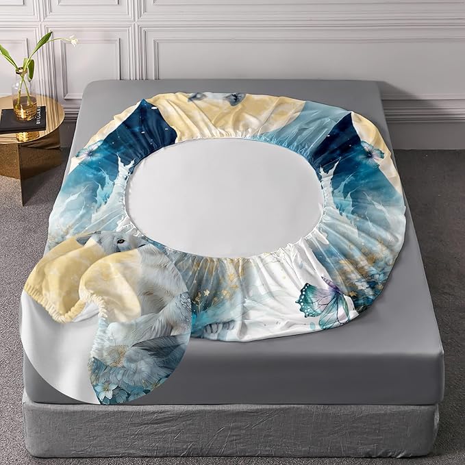 AILONEN Wolf Fitted Sheet Set Twin Size, Blue Tie Dye Wolf Bed Sheet Set Decor,3 Pieces Moon Wolf Sheet Set,Modern Watercolor Wolf and Butterfly Fitted Sheet with 2 Pillowcases