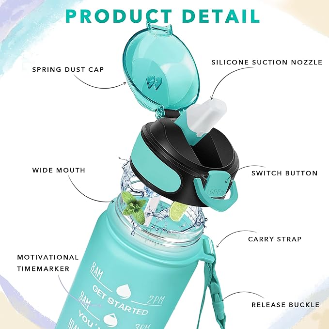 Enerbone 32 oz Drinking Water Bottle with Times to Drink and Straw, Motivational with Carrying Strap, Leakproof BPA & Toxic Free, Ensure You Drink Enough Water for Fitness Gym Outdoor