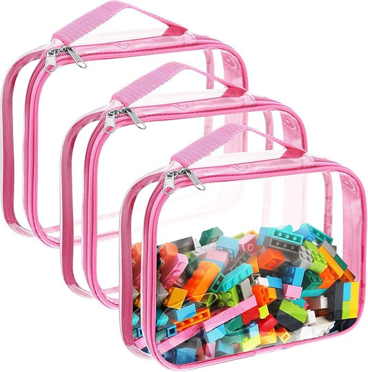 Sanwuta 3 Packs Toy Storage Bags with Zipper, Clear PVC Organizing Bags, Waterproof Toy Bags for Board Games, Building Blocks, Toys and Kids Books (Pink,12.6 x 9 x 2.36 Inch)