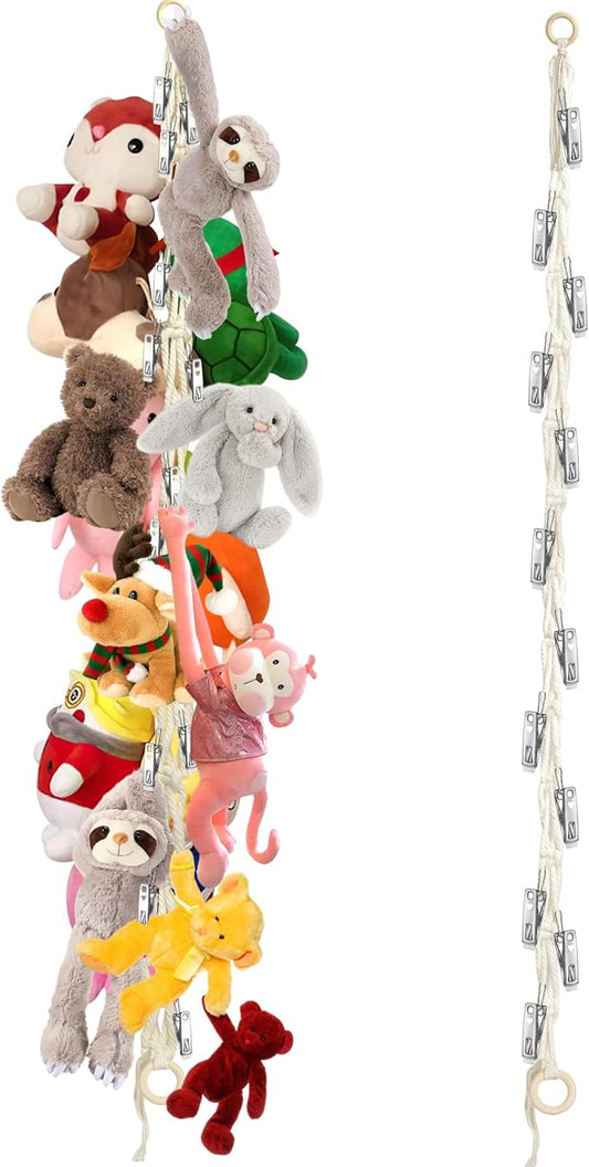 Stuffed Animal Storage Hammock Corner - Hanging Stuffed Animal Holder with 20 PCS Metal Clips, Boho Stuffed Animal Organizer Chain for Hanging Hats Socks Holiday Cards (1pc Beige)
