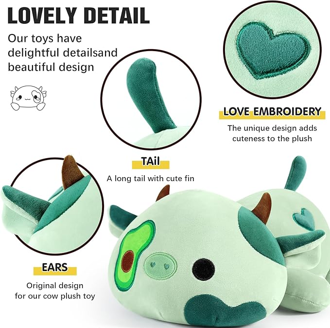 Onsoyours Cute Cow Plushie, Soft Stuffed Avocado Cow Squishy Plush Animal Toy Avocado Pillow for Kids (Avocado Cow A, 12")
