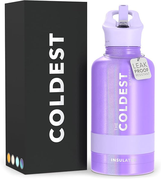 Coldest Sports Water Bottle with Straw Lid Vacuum Insulated Stainless Steel Metal Thermos Bottles Leak Proof Flask for Sports Gym (64 oz, Saturn's Moon Purple Glitter)