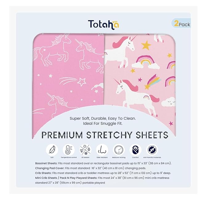 TotAha Premium Stretchy Unicorn Crib Sheets (2-Pack)-Hypoallergenic, Silky Comfort, Buttery Soft, Calming Effect, All-Season Jersey-Knit Sheets, 9'' Extra Deep Pocket