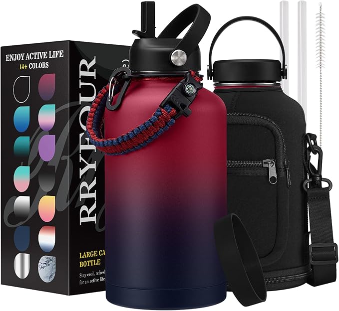 64 OZ Insulated Water Bottles with Straw - Waterbottle Carrier with Strap, Protective Boot & Paracord Handle, Stainless Steel Water Flask Canteen