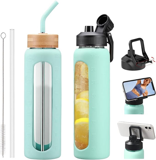 Glass Water Bottles with Straw -32oz- Water Bottle Phone Holder for Gym Large Motivational Water Bottle with Time Marker Glass Drinking Bottles 2 Lids - Spout & Bamboo Straw Lid(Mint Green)