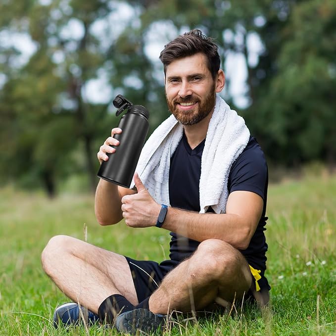 40oz Insulated Water Bottle with 3 Lids(Straw, Hand and Spout Lid), Double Vacuum Stainless Steel Metal Water Flask(BPA-free, CPC) for Sports, Camping, Hiking, Cycling, Fitness and more(Black)