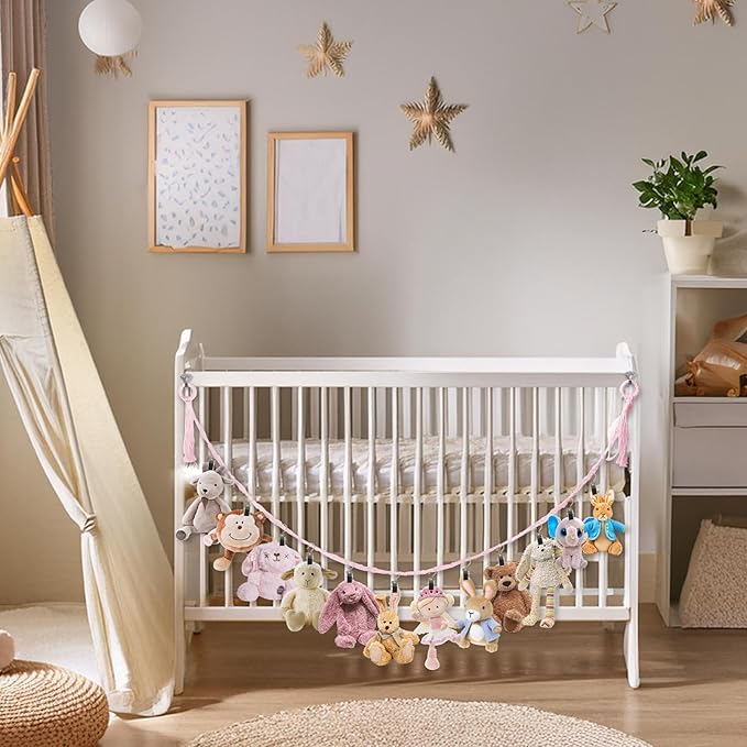 Stuffed Animal Storage Chain 80 Inch, 4pcs Pink Hanging Stuff Animals organizer, Cotton Toy Display Chain with 80 Clips, Toys Organizers Holder for Toddler Kids Nursery Room Wall Corner Decor