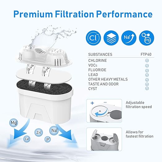 Frizzlife Water Filter Pitcher, Large 10 Cup Purifier with Filter Life Remind, Long Lasting, Adjustable Filtration Speed, Reduces Chlorine, Heavy Metals, Fluoride, Bad Taste & Odor, Dark