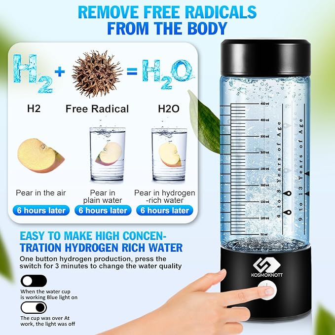 Marked Hydrogen water bottle generator Hydrogenius by Kosmoknott | 3500 ppb Hydrogen Water Machine with Clear Markings | Improves Sleep & Skin, Fast Charging, Leak-Proof Design