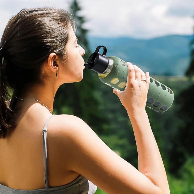 MUKOKO Glass Water Bottles, 32oz Glass Tumbler, Drinking Bottles with 2 Lids-Handle Flip Straw Lid&Bamboo Lid, Motivational Water Bottle with Time Marker and Silicone Sleeve, Leakproof-1 Pack-Olive