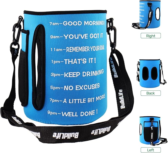 QuiFit 1 Gallon Water Bottle - with Straw & Motivational Time Marker Leak-Proof BPA Free Reusable Gym Sports Outdoor Large(128OZ) Capacity Water Jug(Blue/Blue with Sleeve,1 Gallon)