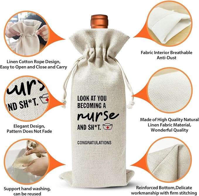 Nursing School Graduation Gift Wine Bag, Look At You Becoming A Nurse and Sh*t, Funny Nurse Graduation Party Decoration Favors, Nurse Day Nurse Week Gift Bag For Her Women Coworker, Linen Wine Bag