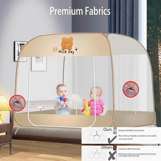 CMINGJ Mosquito Net for Bed, Portable pop up Mosquito Netting with Bottom, Free Installation-Suitable for Bedroom, Camping, Folding Portable Design for Baby Adults (Orange Bear)