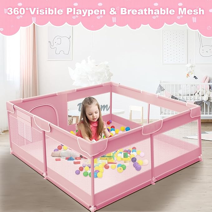 Baby Playpen 50 x 50 Inch Play Pen Playards, Playpen for Babies and Toddlers, Baby Playard for Indoor & Outdoor Active Center Game Fence, with Skin-Friendly Fabric and Soft Breathable Mesh Pink